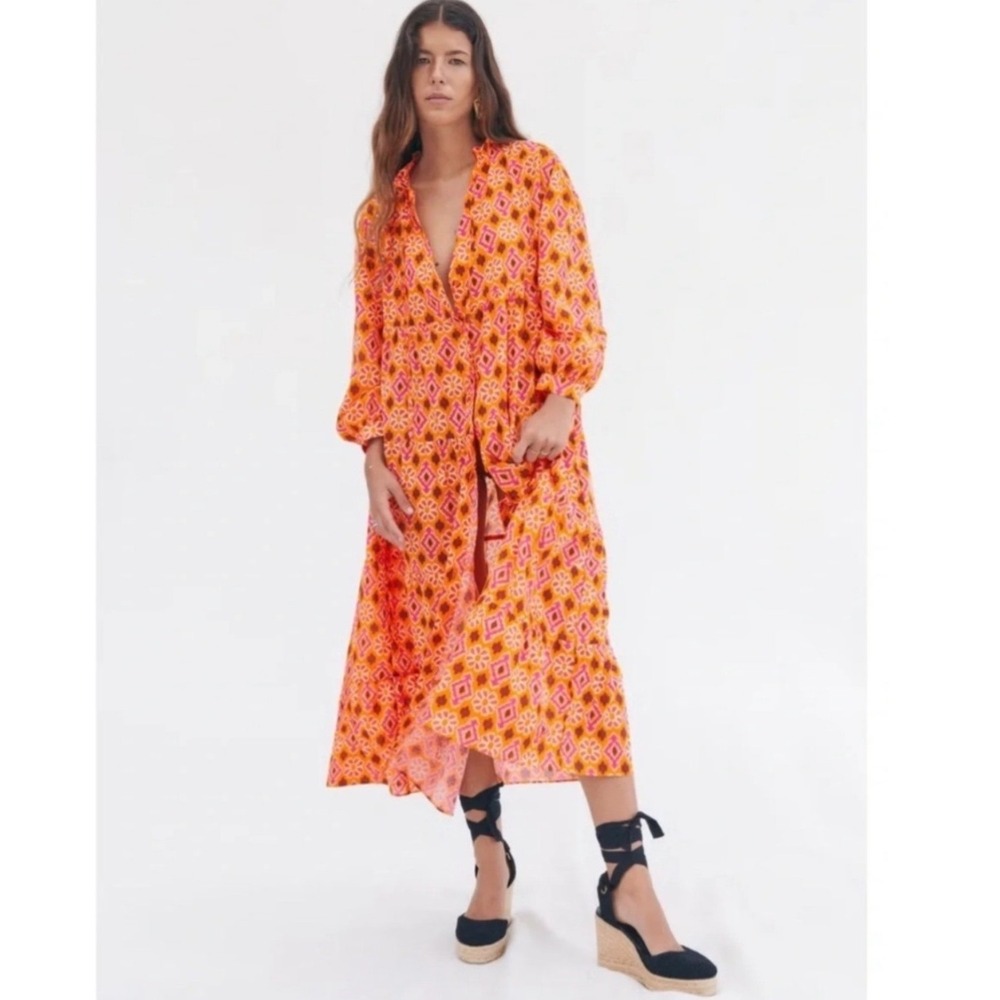 Zara The Selma Tiered Cotton Midi Dress Women XL Orange Pink Ikat Boho Geometric